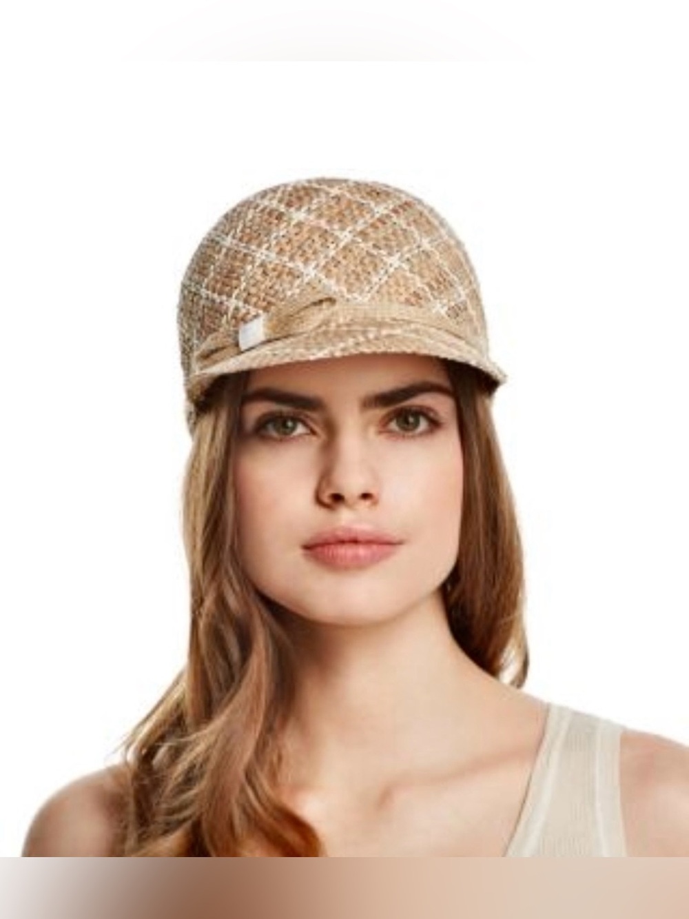 🆕 BNWT Neutral AQUA Ivory Tan Brown Straw Cap w/Bow Trim